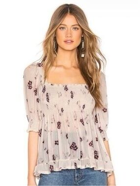 Free People Smocked Floral Peasant Top Cream Boho Cottagecore Size Small Prairie